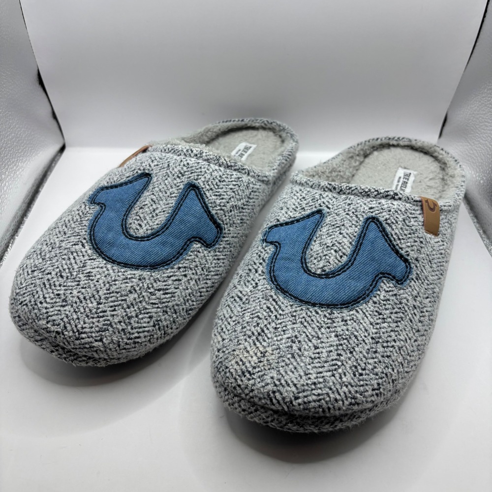 True Religion Slippers Mens XL 13 Grey Herringbone Horseshoe Logo House Shoes
